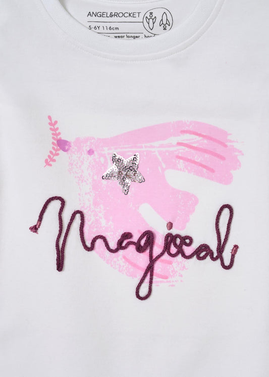 cotton girl puff sleeve embellished top white