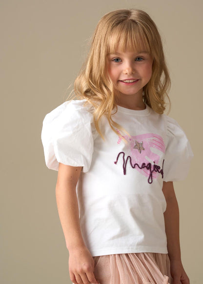 solid girl puff sleeve embellished top white