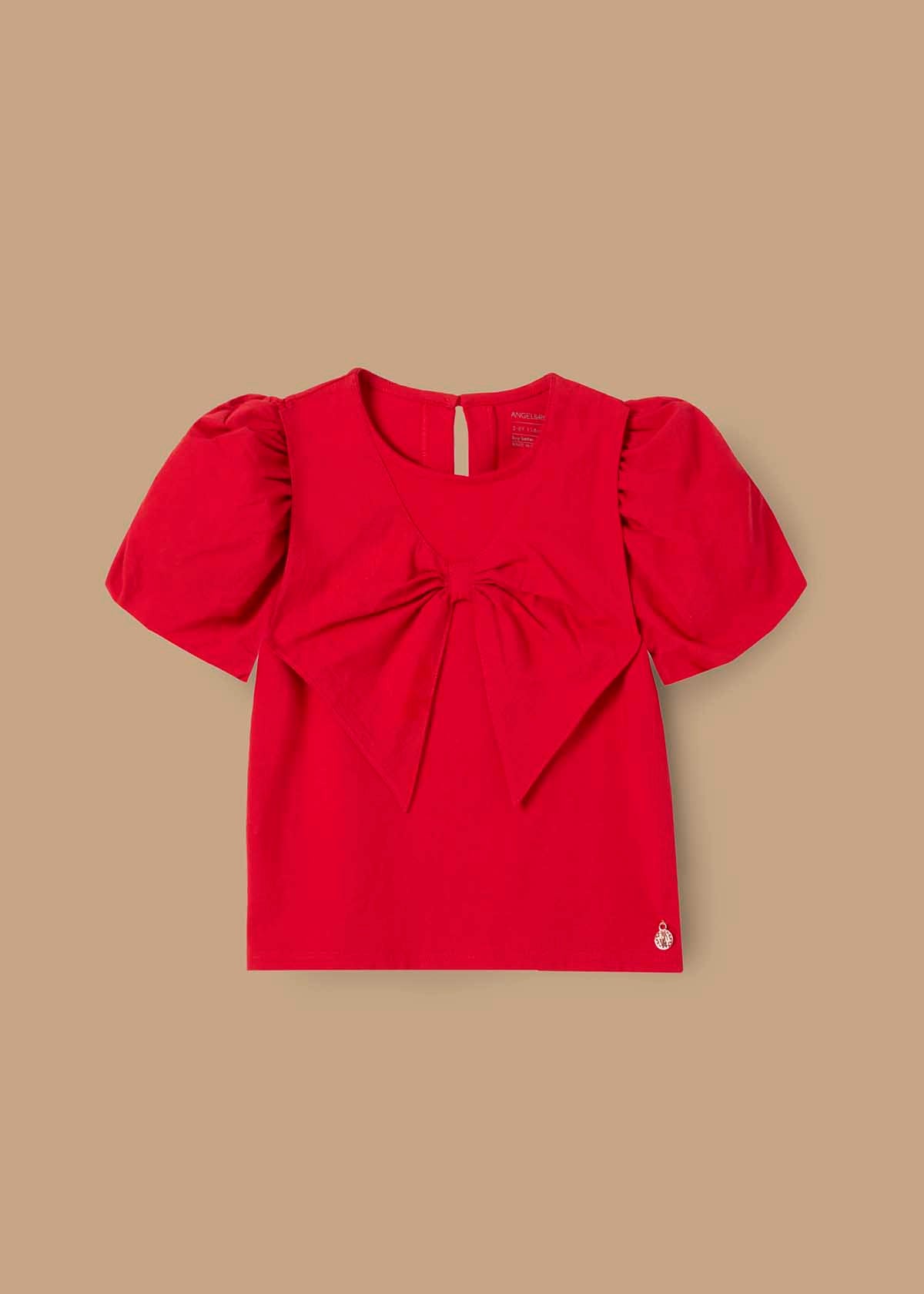 Girl Woven Collar Puff Sleeve Top - Red