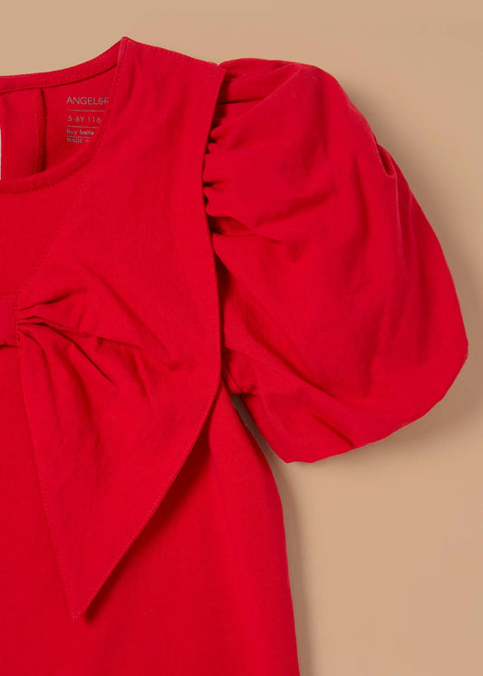 cotton girl woven collar puff sleeve top red