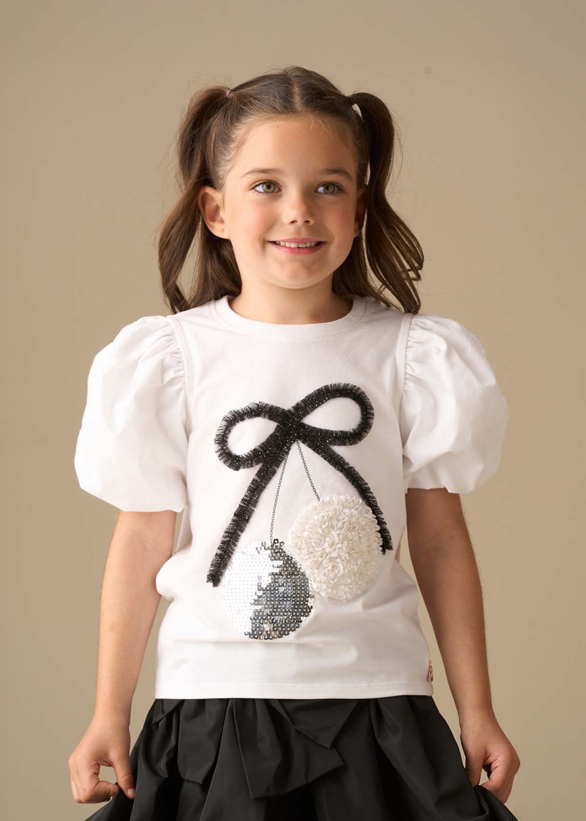 Girl Disco Ball Embellished Puff Sleeve Tee - White