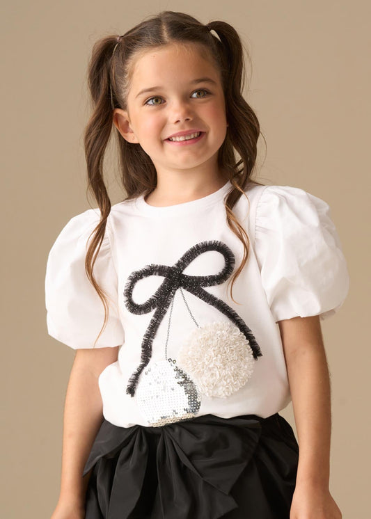 baby girl disco ball embellished puff sleeve tee white