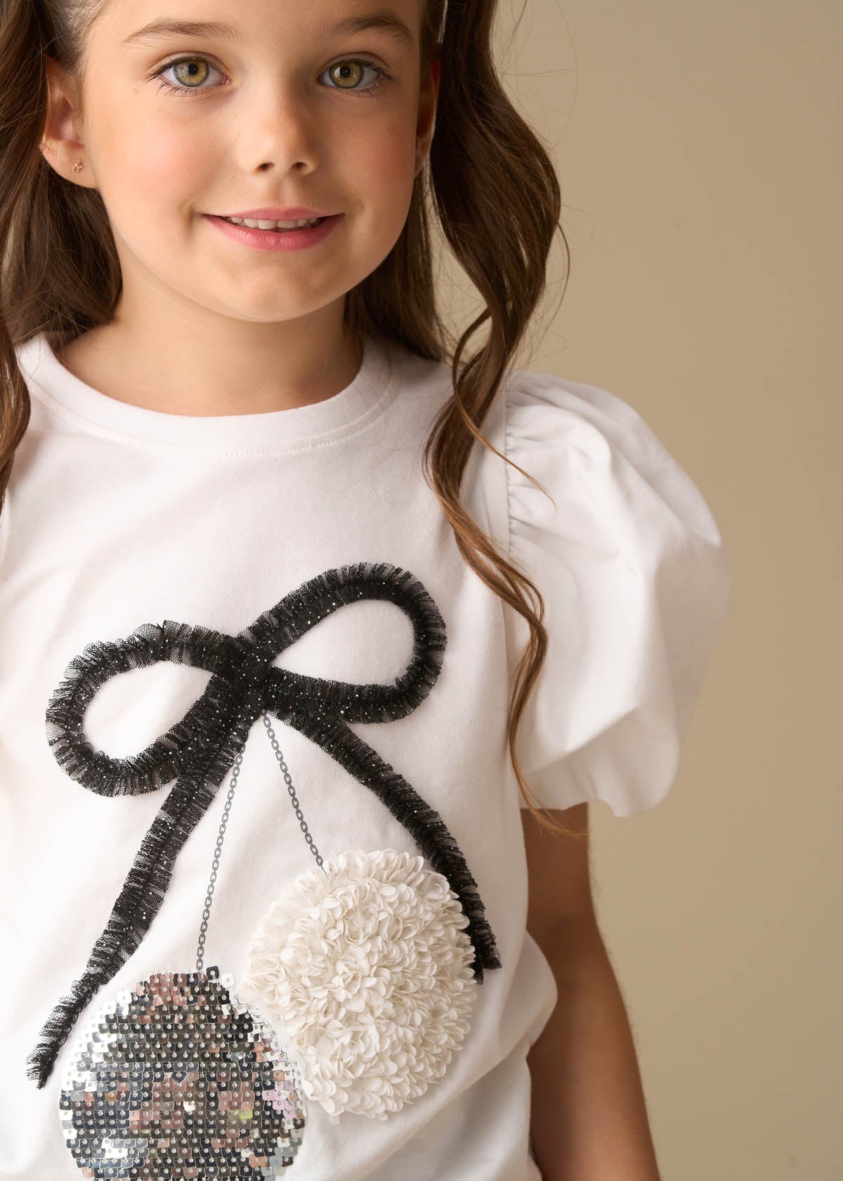 buy girl disco ball embellished puff sleeve tee white