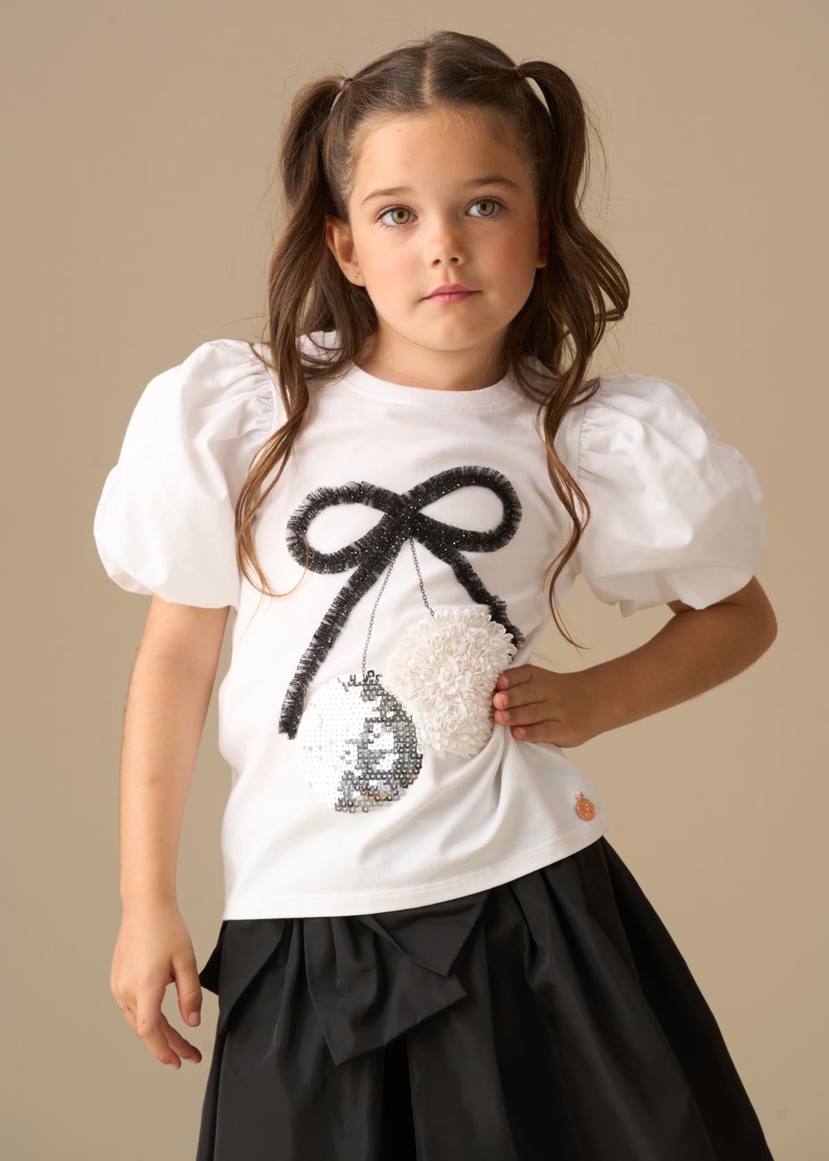 short sleeve girl disco ball embellished puff tee white