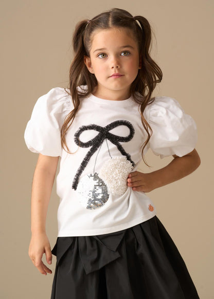 short sleeve girl disco ball embellished puff tee white