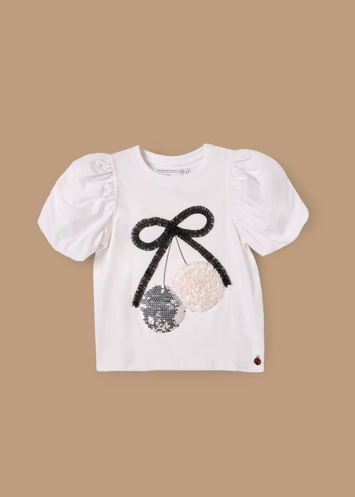 online girl disco ball embellished puff sleeve tee white