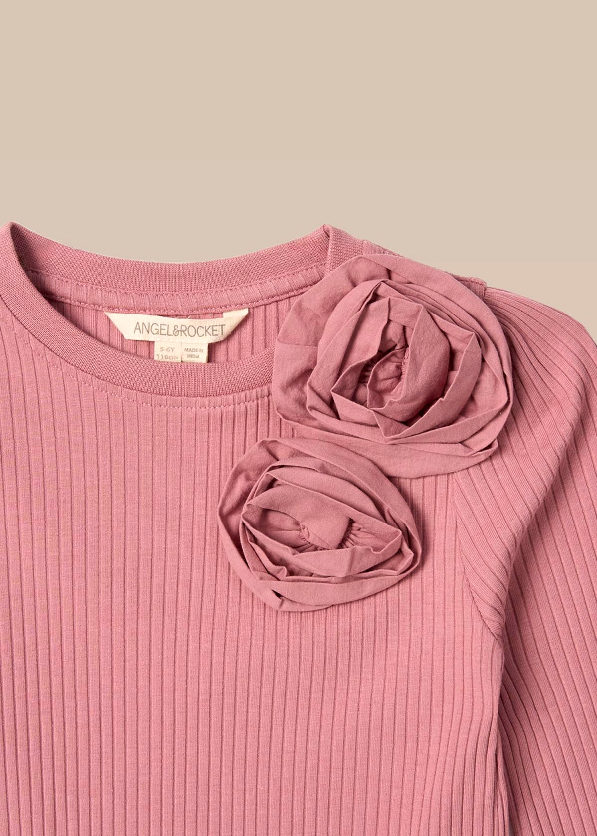 Lizzy Corsage Rib Ls Top - Rose