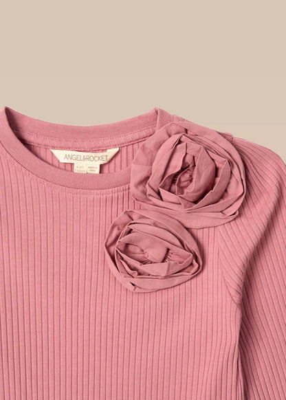 Lizzy Corsage Rib Ls Top - Rose