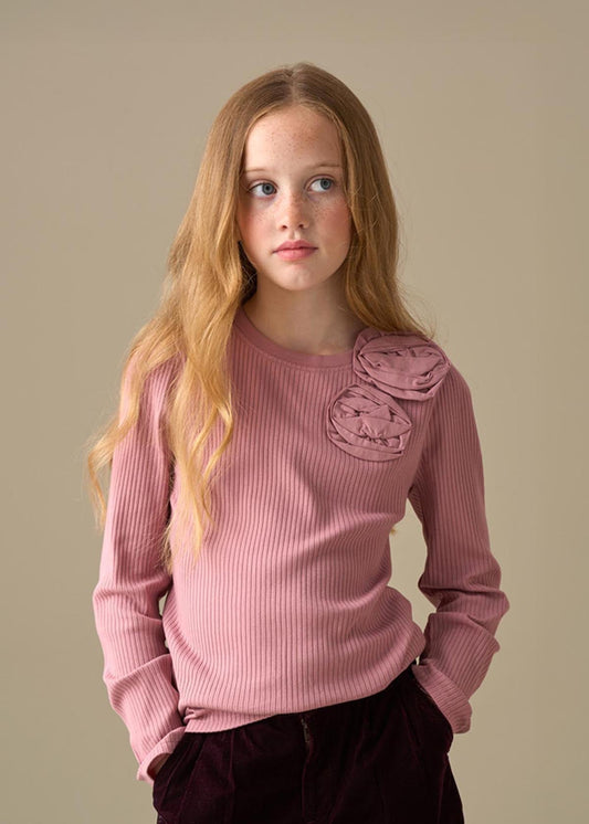 Girl Corsage Rib Ls Top - Rose