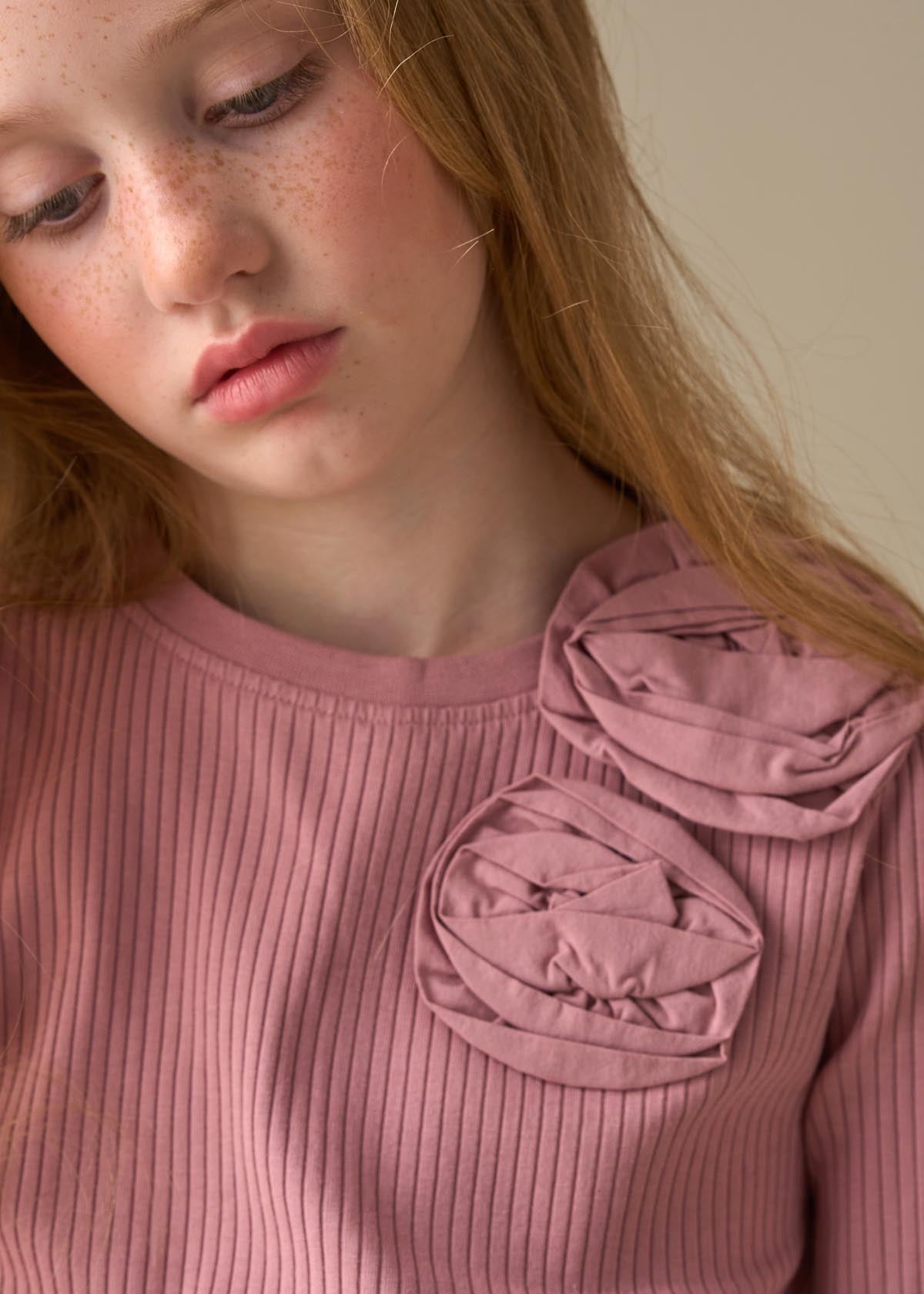 pink girl corsage rib ls top rose