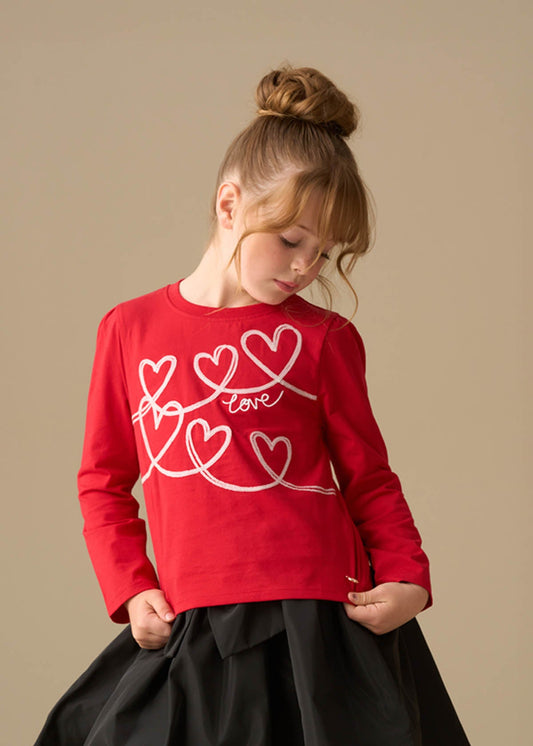 Girl Sequin Heart Long Sleeve Top - Red