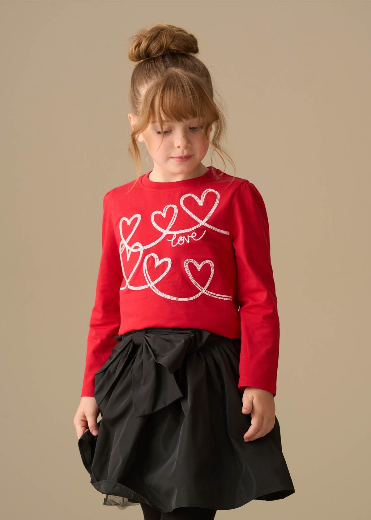 cotton girl sequin heart long sleeve top red