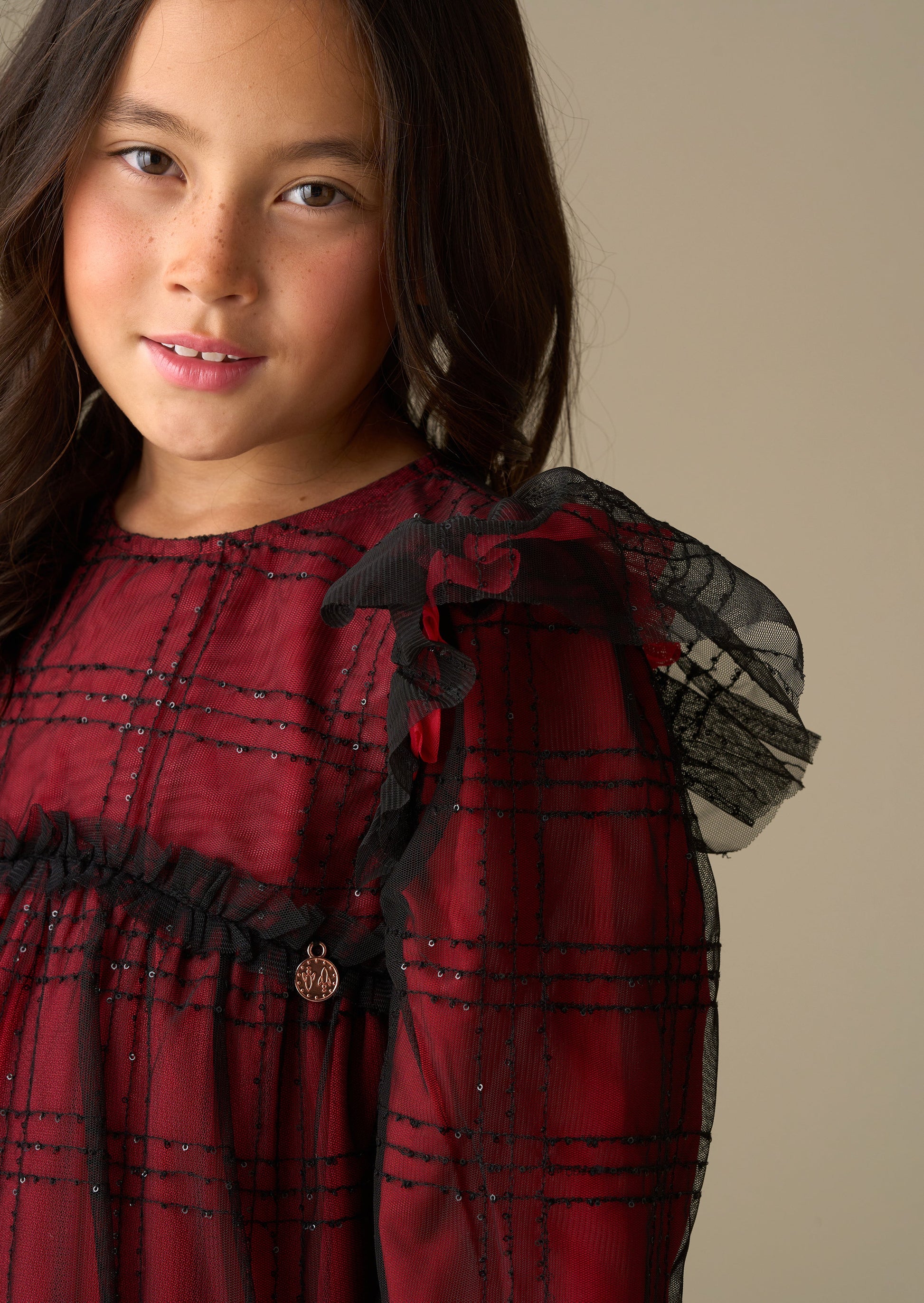 red girl sequin tartan mesh dress