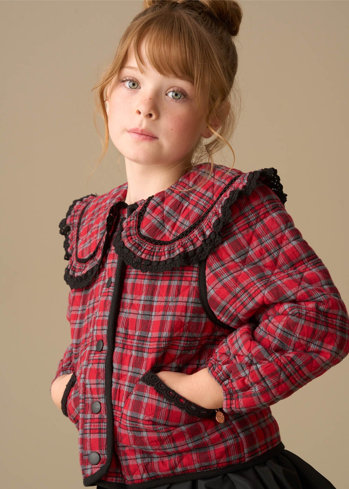 cotton girl red check collar jacket