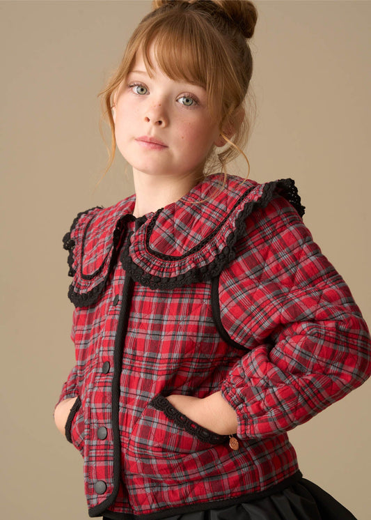 cotton girl red check collar jacket