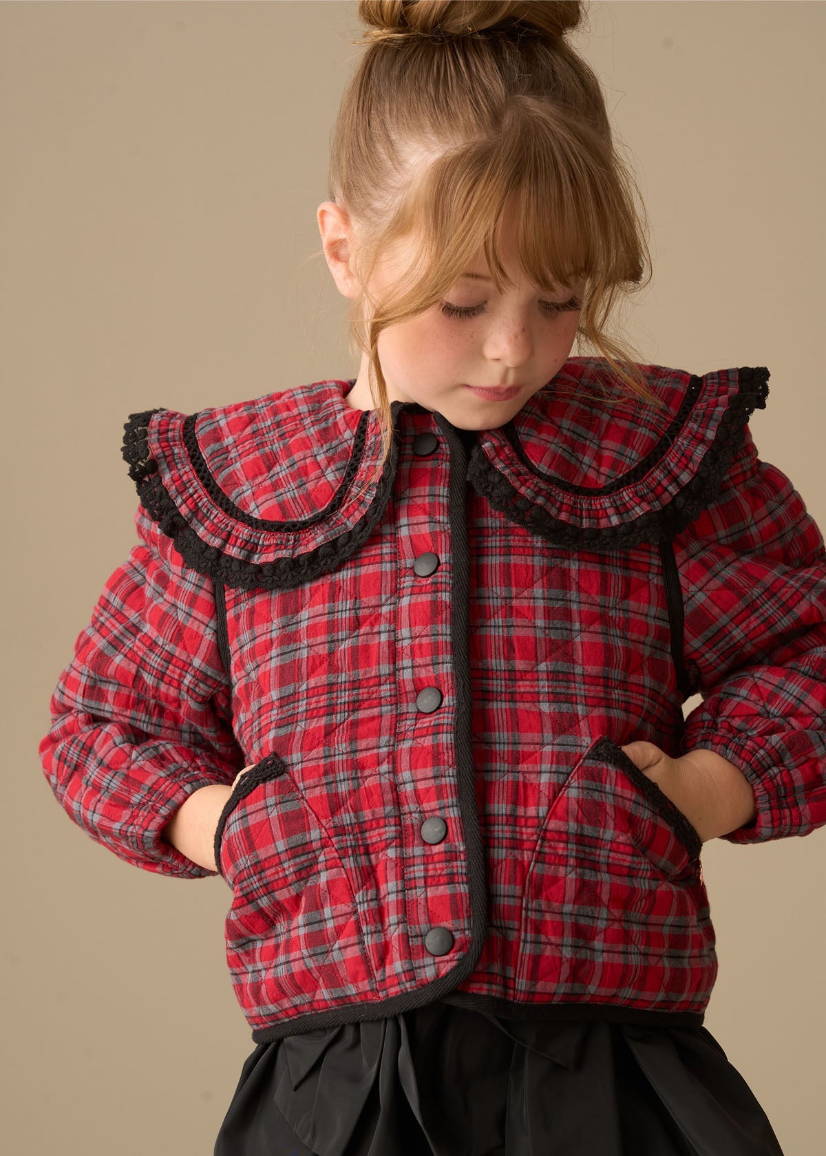 winter girl red check collar jacket