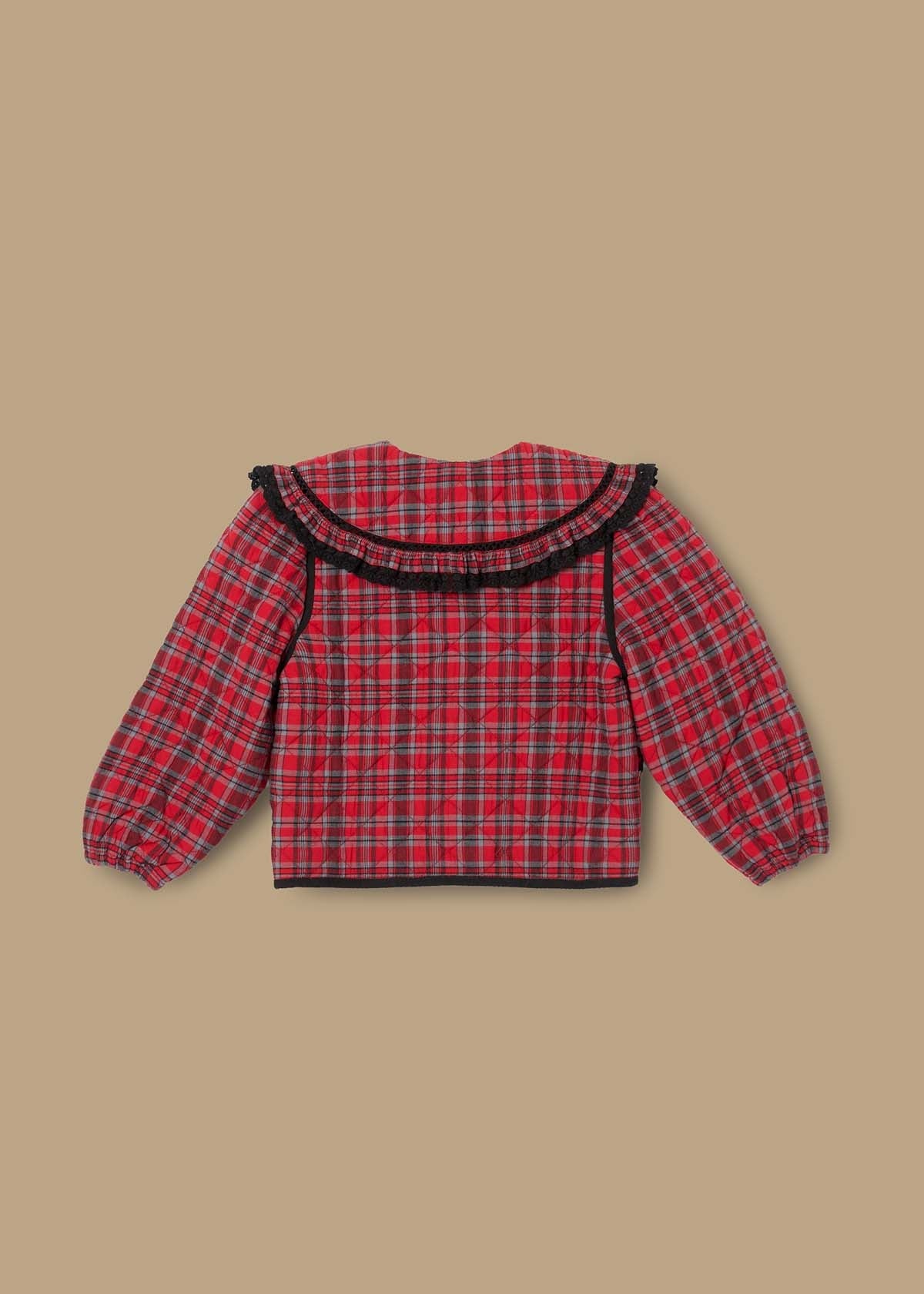 button girl red check collar jacket