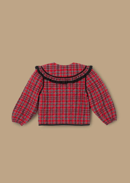 button girl red check collar jacket