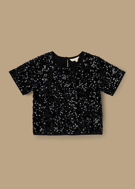 short sleeve girl black sequin top