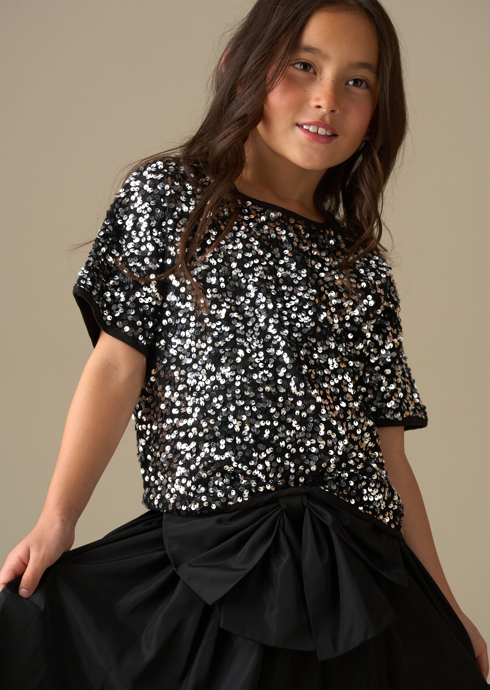 round neck girl silver sequin top