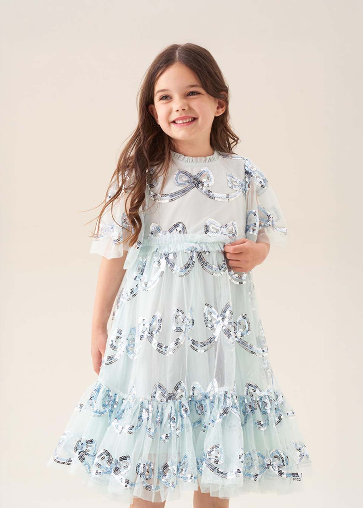 Girls Mint Sequin Bow Mesh Dress
