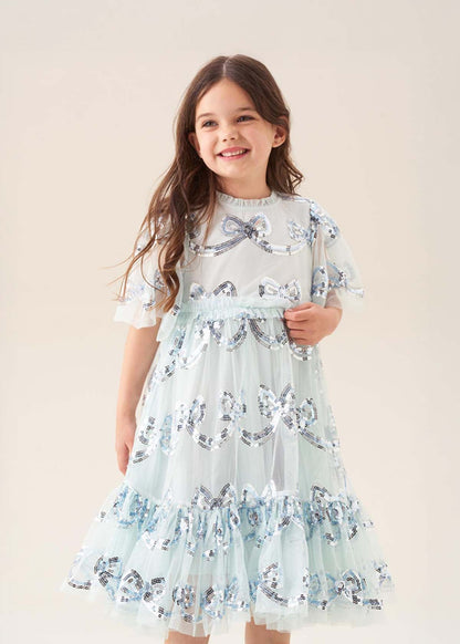 Girls Mint Sequin Bow Mesh Dress