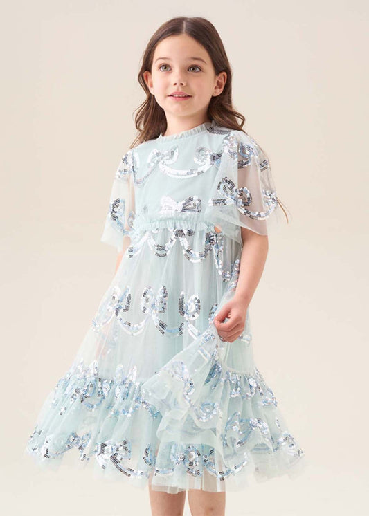 online girls mint sequin bow mesh dress