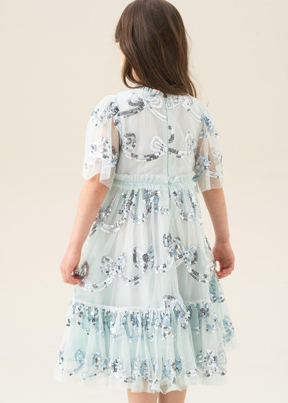 maxi girls mint sequin bow mesh dress