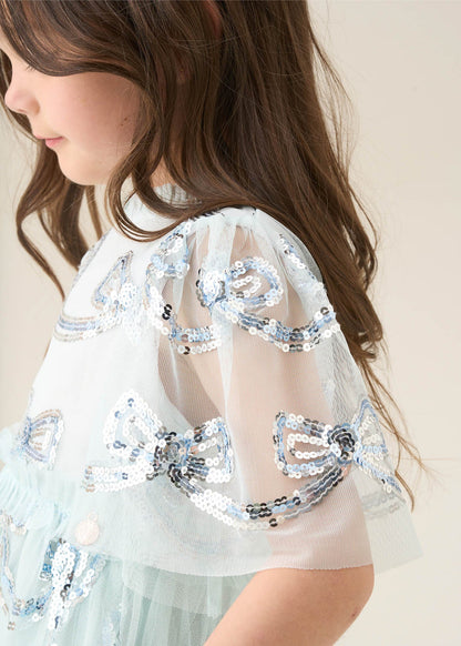 casual girls mint sequin bow mesh dress