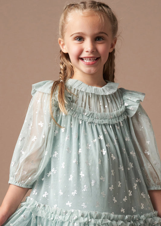 Georgie Mint Glitter Bow Print Mesh Dress