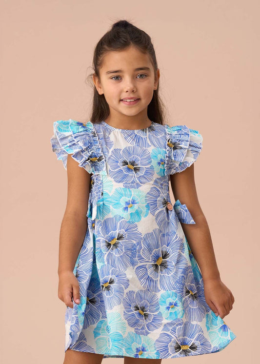 Girls Blue Side Bow Shirred Panel Dress
