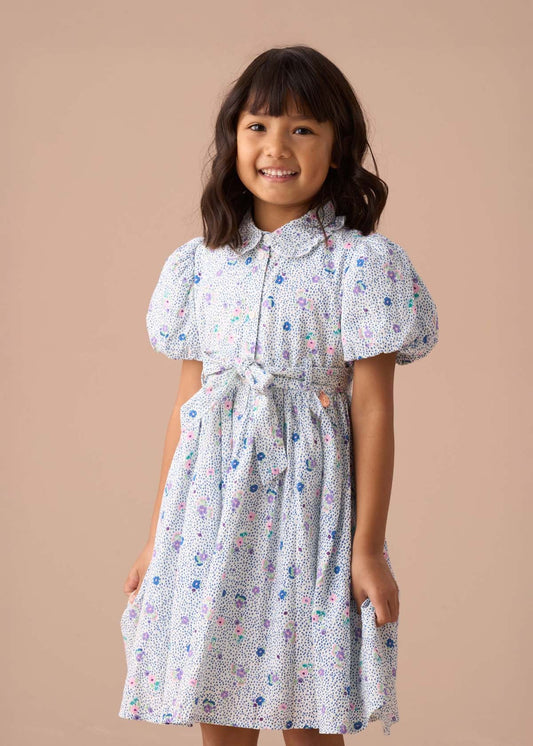 Girls Blue Printed Shirt Dress
