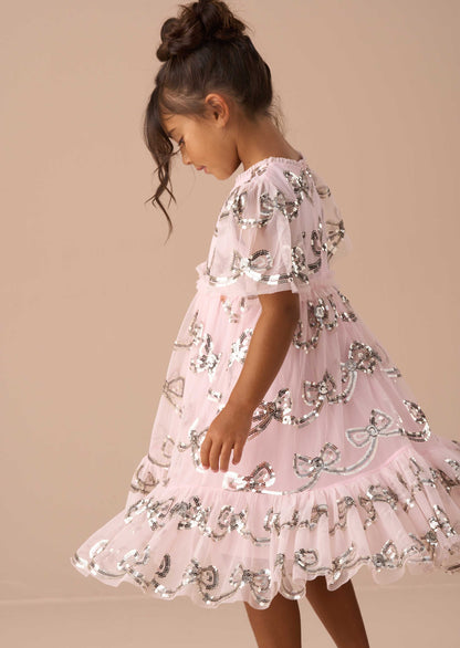 Short Sleeve Girls Pink Sequin Bow Dress