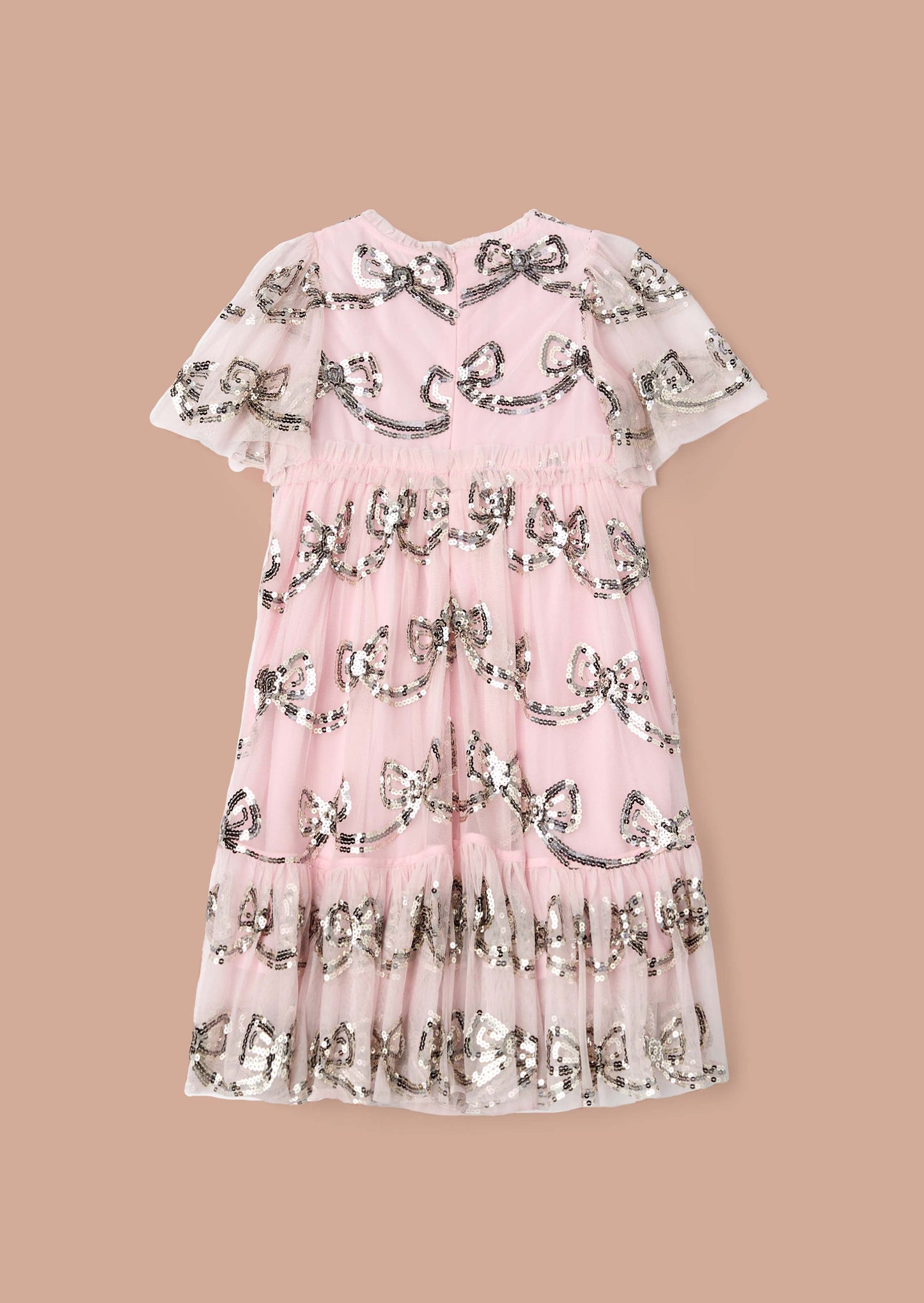 Embroidered Girls Pink Sequin Bow Dress