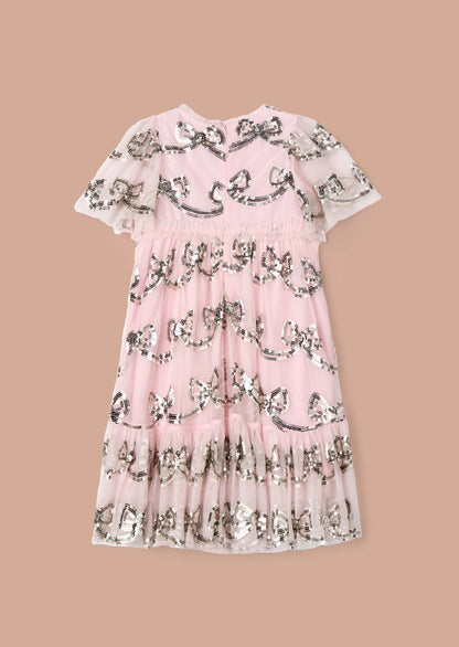 Embroidered Girls Pink Sequin Bow Dress