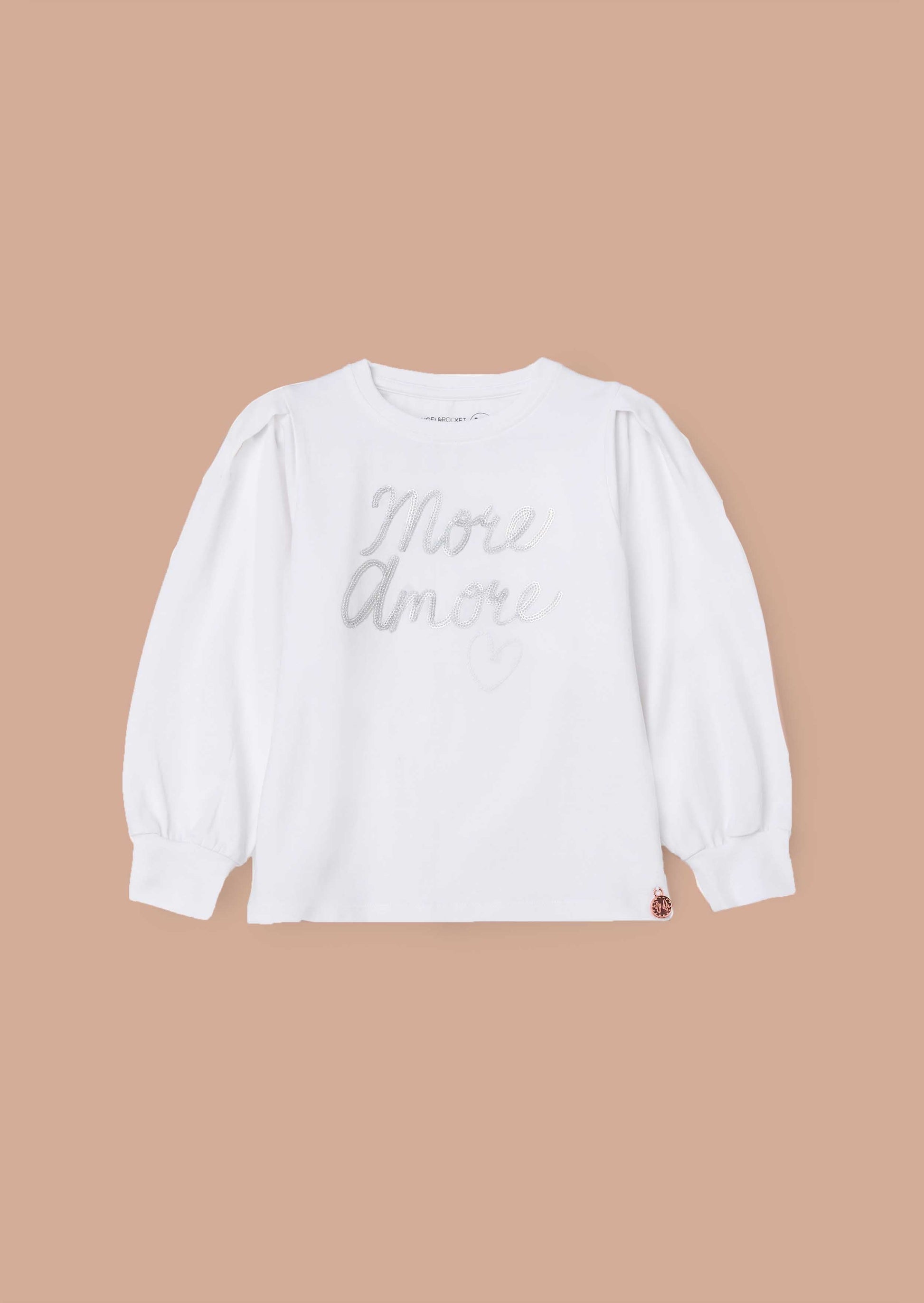 Round Neck Girls White Sequin Slogan Top