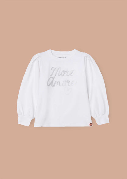 Round Neck Girls White Sequin Slogan Top