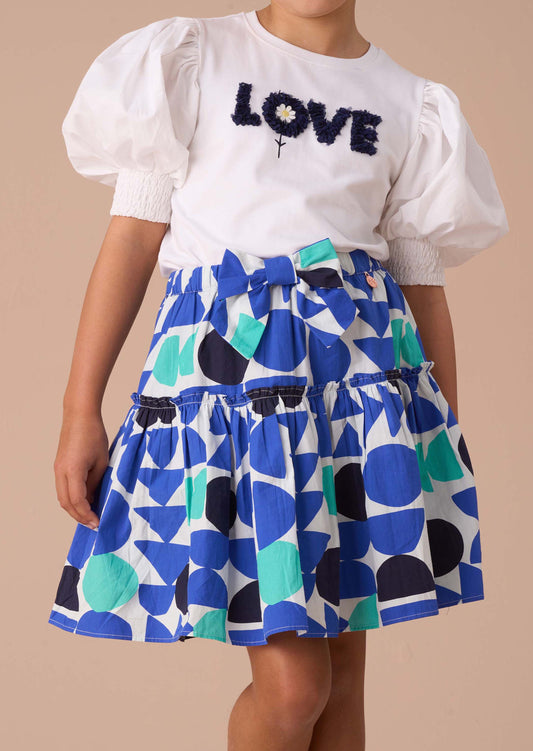 Cotton Girls Blue Print Tiered Skirt