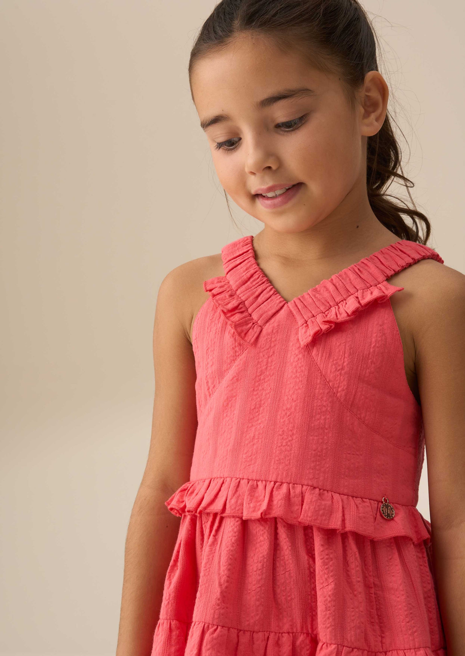 Midi Girl Coral Tiered Frill Dress