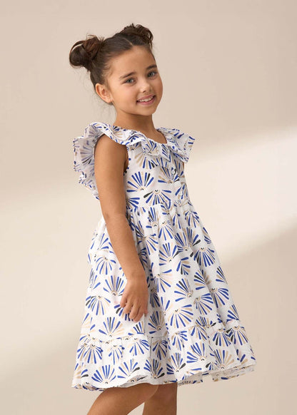 Girl Blue Frill Neck Print Dress