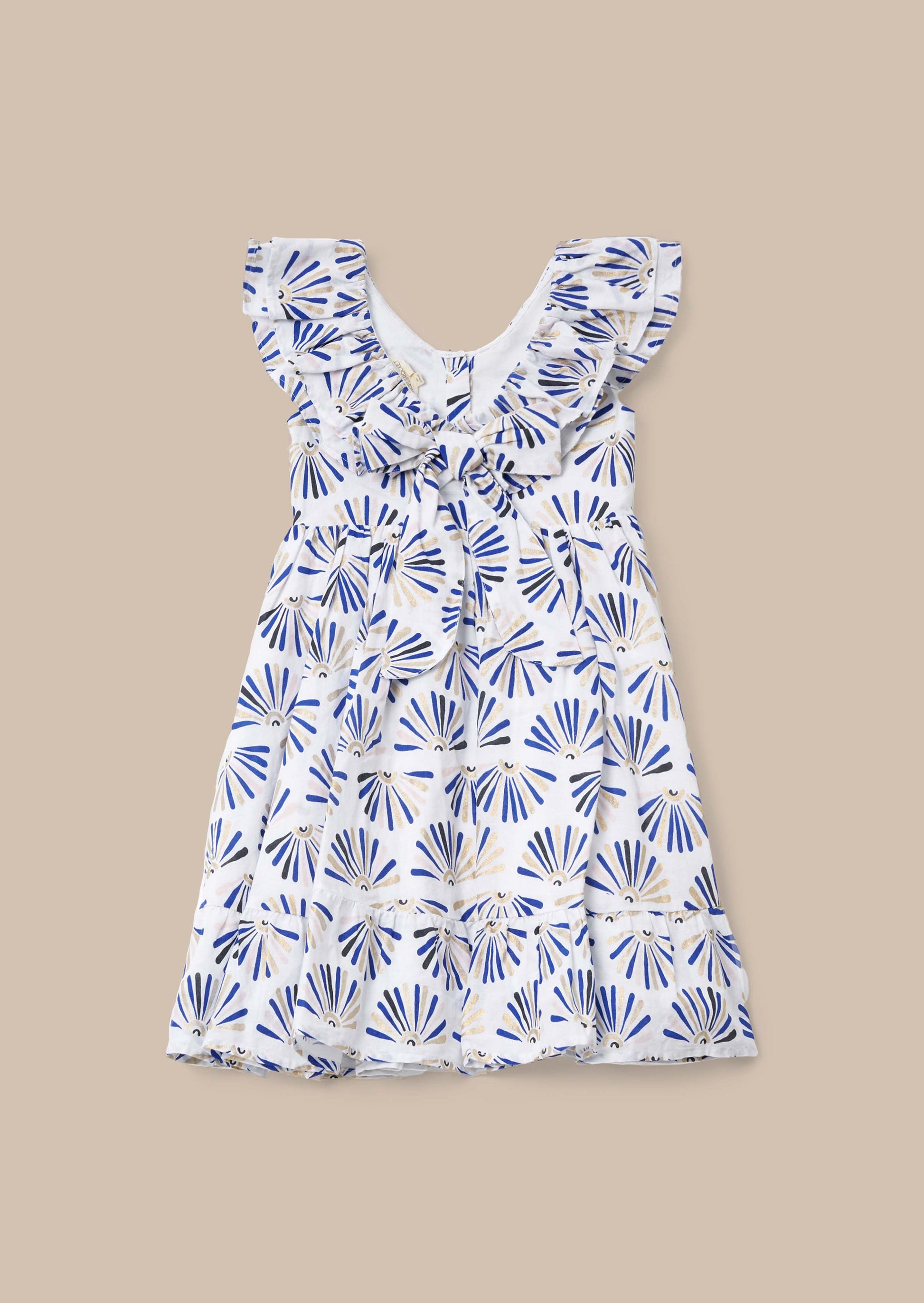 Cotton Blue Frill Neck Print Dress
