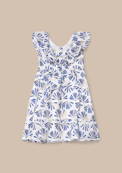 Cotton Blue Frill Neck Print Dress
