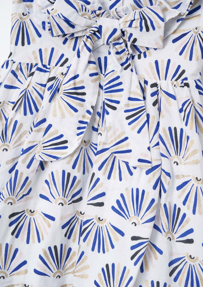 Buy Online Blue Frill Neck Print Dress
