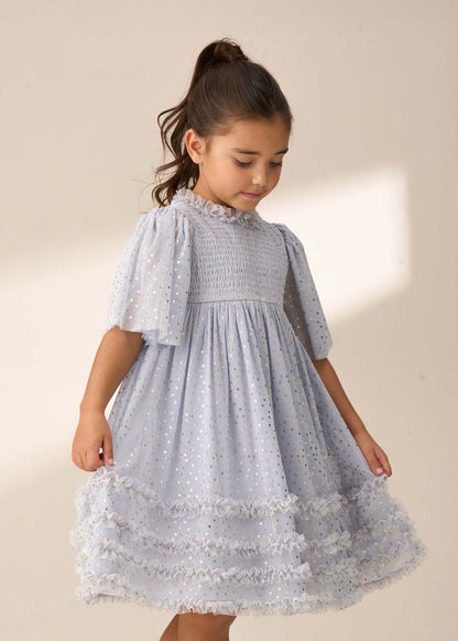 Girl Blue Foil Print Mesh Dress