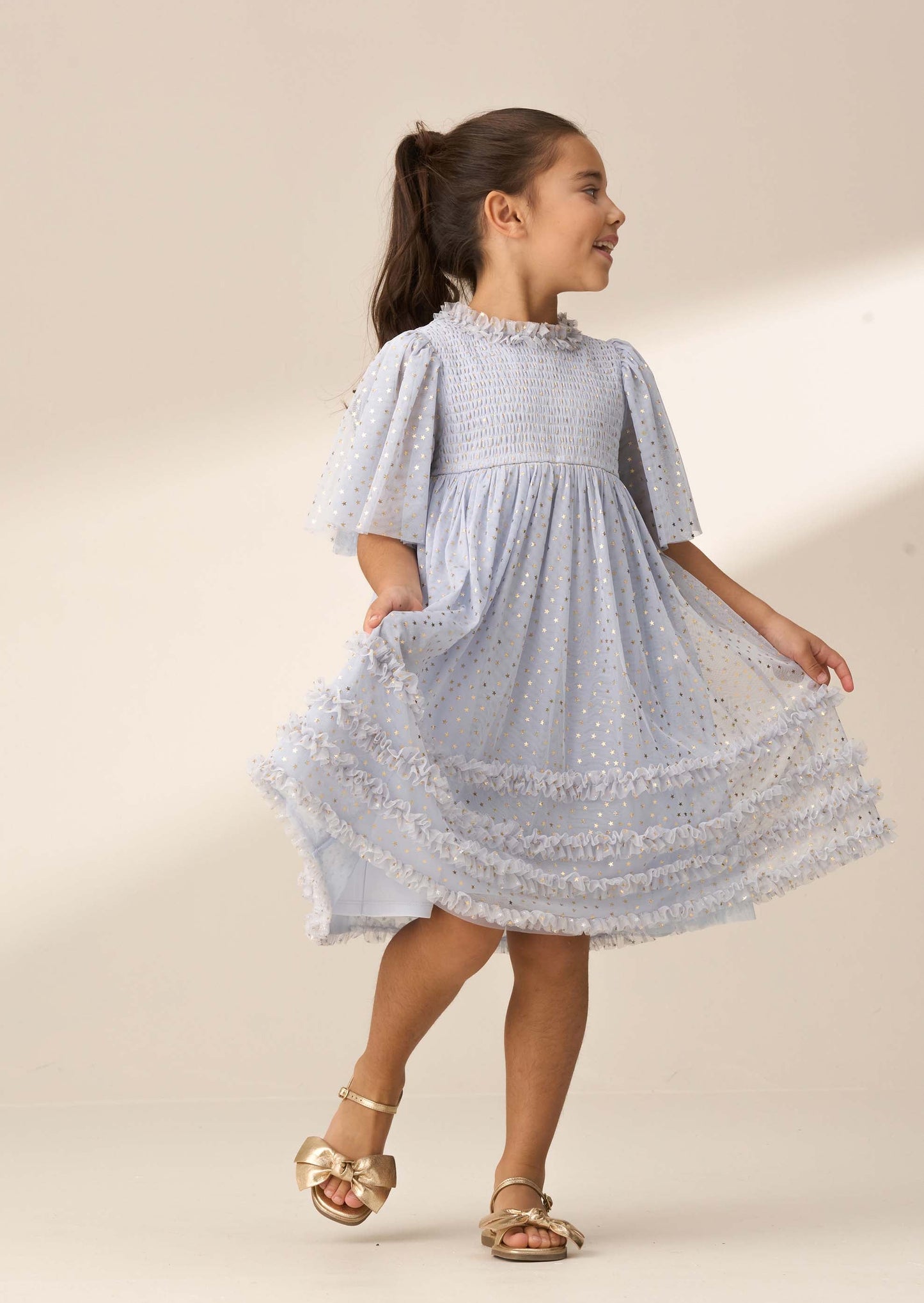 Midi Girl Blue Foil Print Mesh Dress
