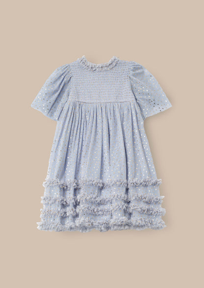 Short Sleeve Blue Foil Print Mesh Dress