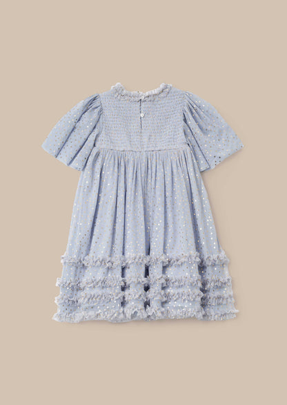 Blue Foil Print Mesh Dress Outfit