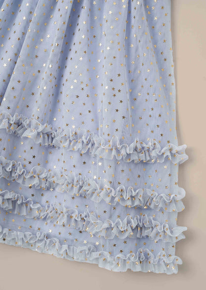 Buy Online Girl Blue Foil Print Mesh Dress
