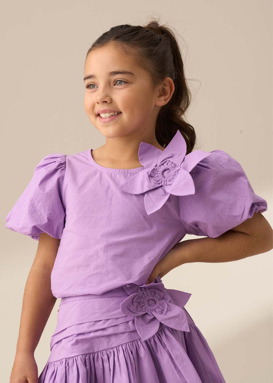 Girl Purple Corsage Woven Top