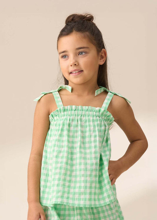 Girl Green Gingham Shirred Top